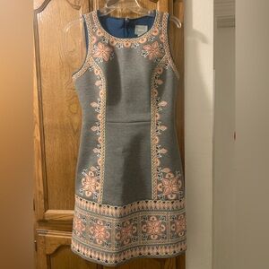 Maeve Gray Embroidered Neoprene Sheath Mini Dress Sleeveless Scoop Neck